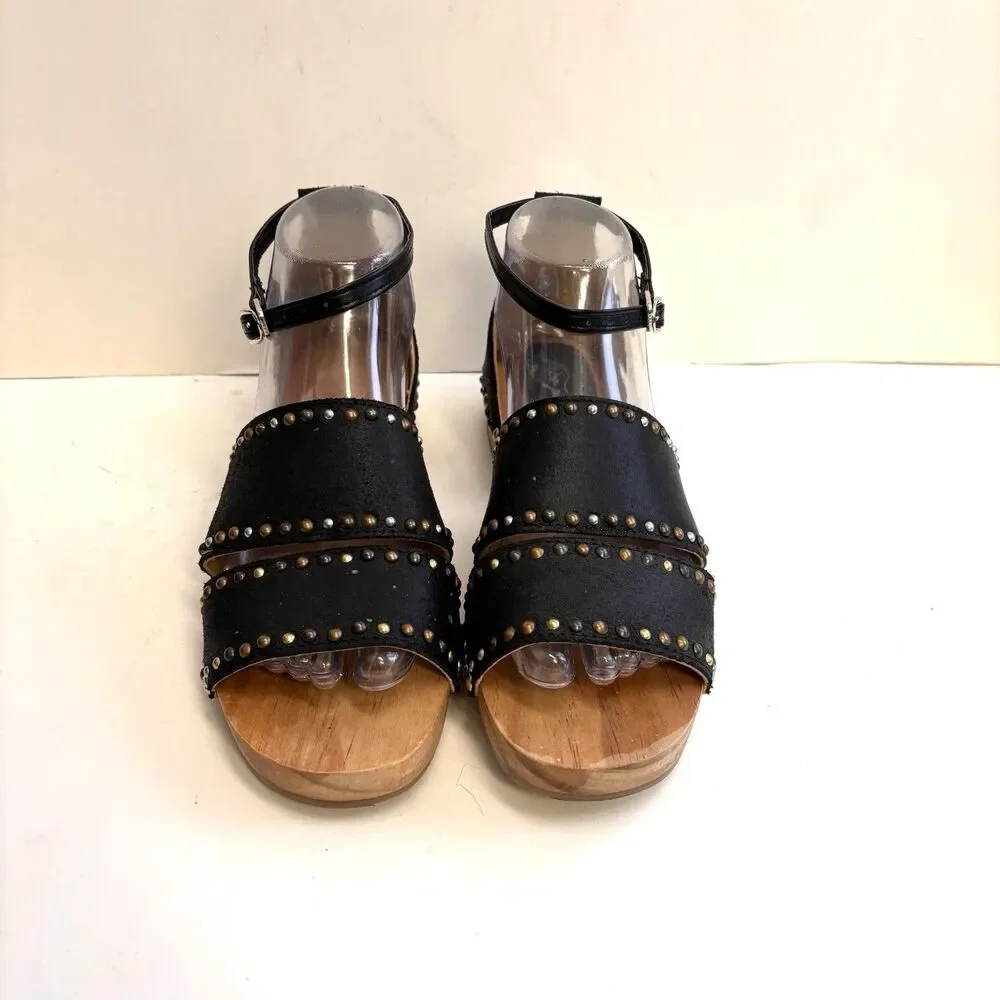 FREE PEOPLE Wooden Heels Black Leather North Shore Sandals Women’s 38 (US 7.5-8) - Picture 3 of 10